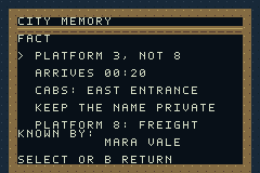 City Memory listing five facts with Platform 3, not 8 selected and known by no one yet.
