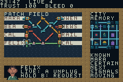Native GBA gameplay with Mara, Bea, Cal, and Felix patched across four colored, crossing cords beside the City Memory display.